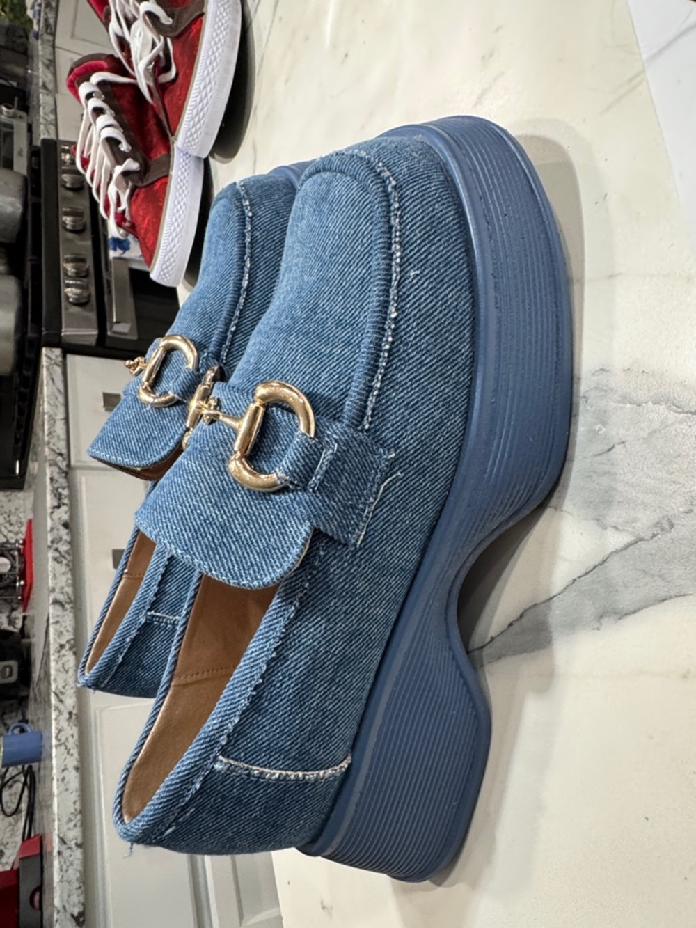 Denim Platform Loafer Womens 8 Blue Good Horsebit Chunky Heel